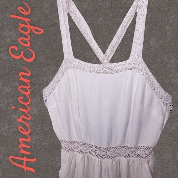 AMERICAN EAGLE Linen Blend Ivory Crochet Cross Strap Jumpsuit, Size Small - Picture 3 of 12